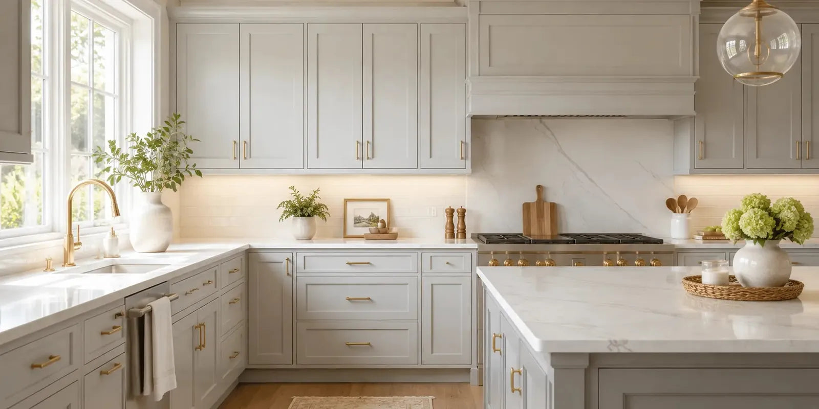 Kitchen with freshly painted light gray shaker cabinets and marble counters