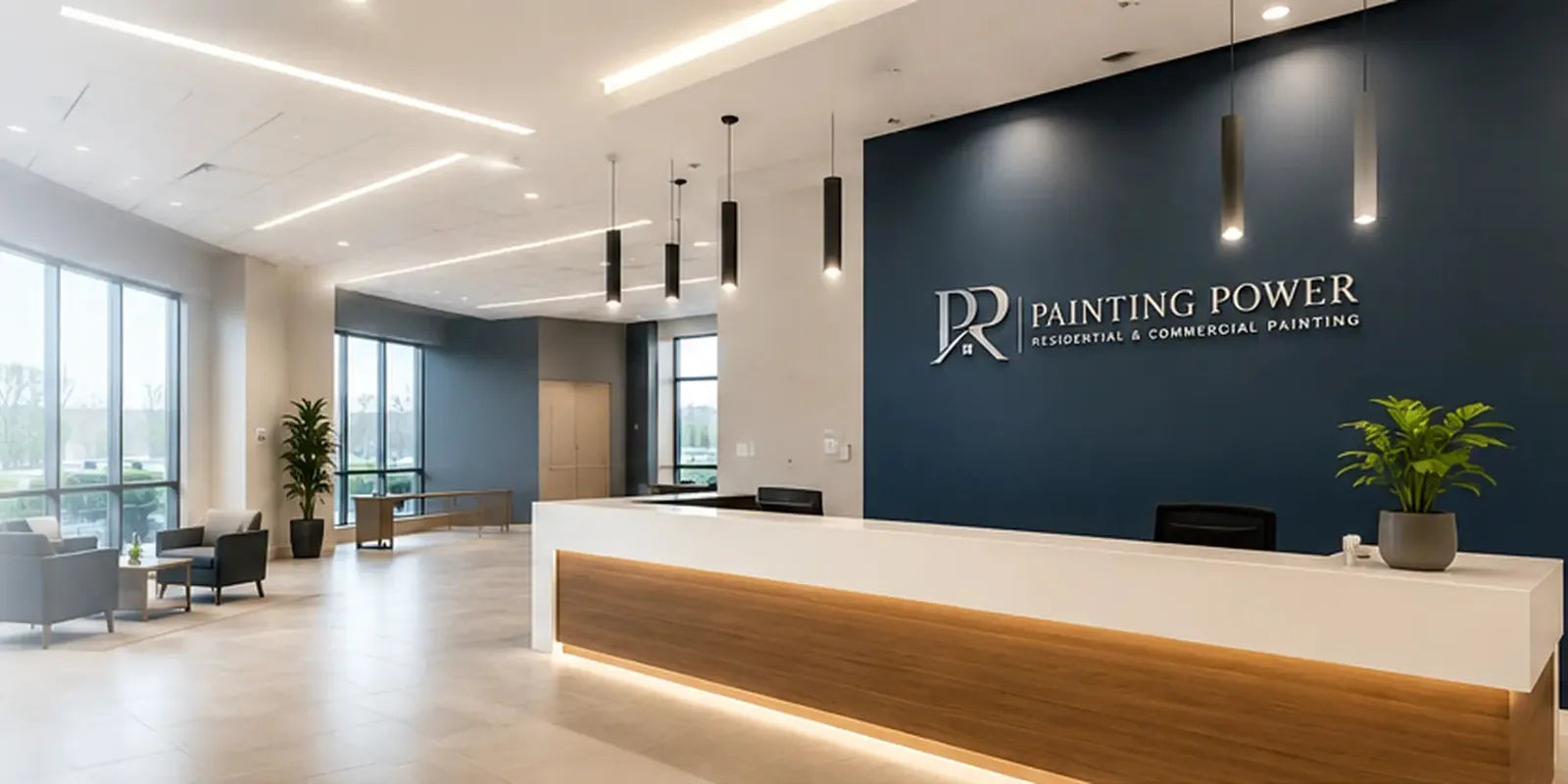 Office reception area with navy accent wall and Painting Power logo