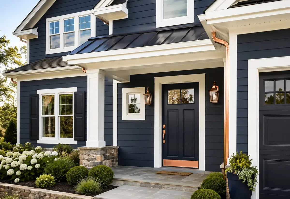 Professionally painted home exterior with siding trim shutters and front entry