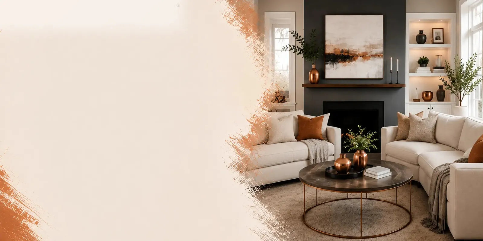 Living room with a charcoal accent wall, white built-in shelves and copper accents