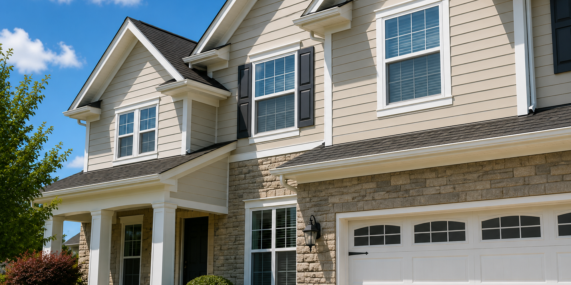 Freshly painted South Jersey home exterior with clean siding white trim and landscaped entry
