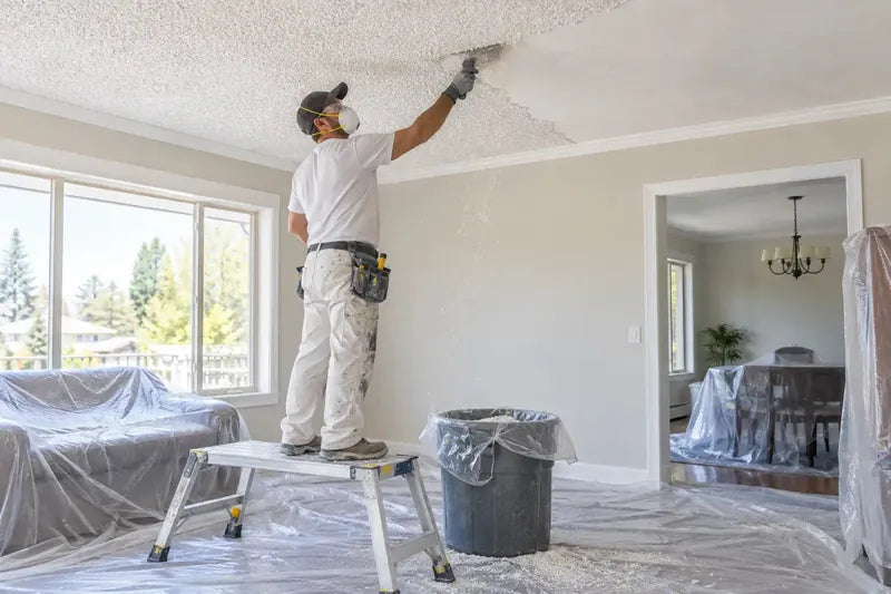 Painter scraping a popcorn ceiling in a room with plastic-covered floors and furniture